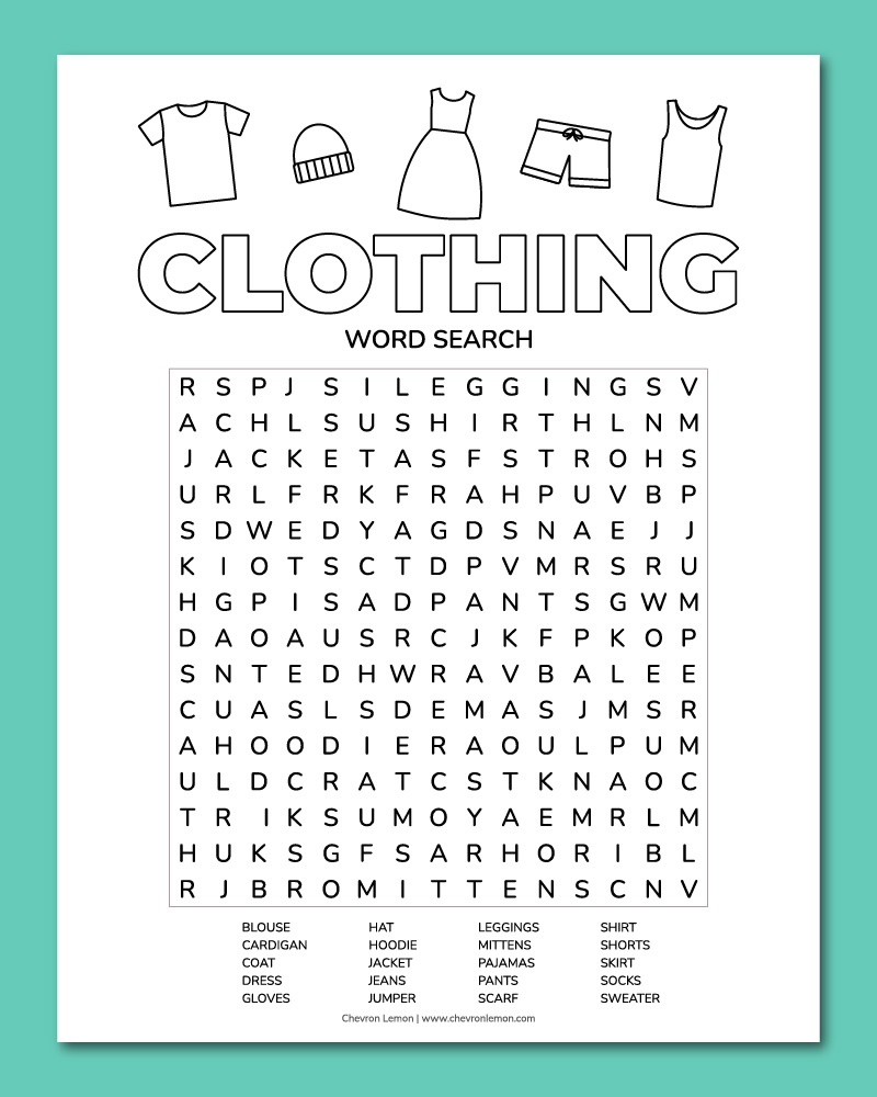 Printable Clothing Word Search Chevron Lemon
