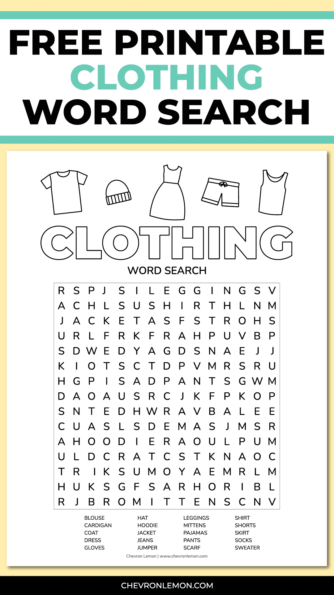Printable Clothing Word Search Chevron Lemon