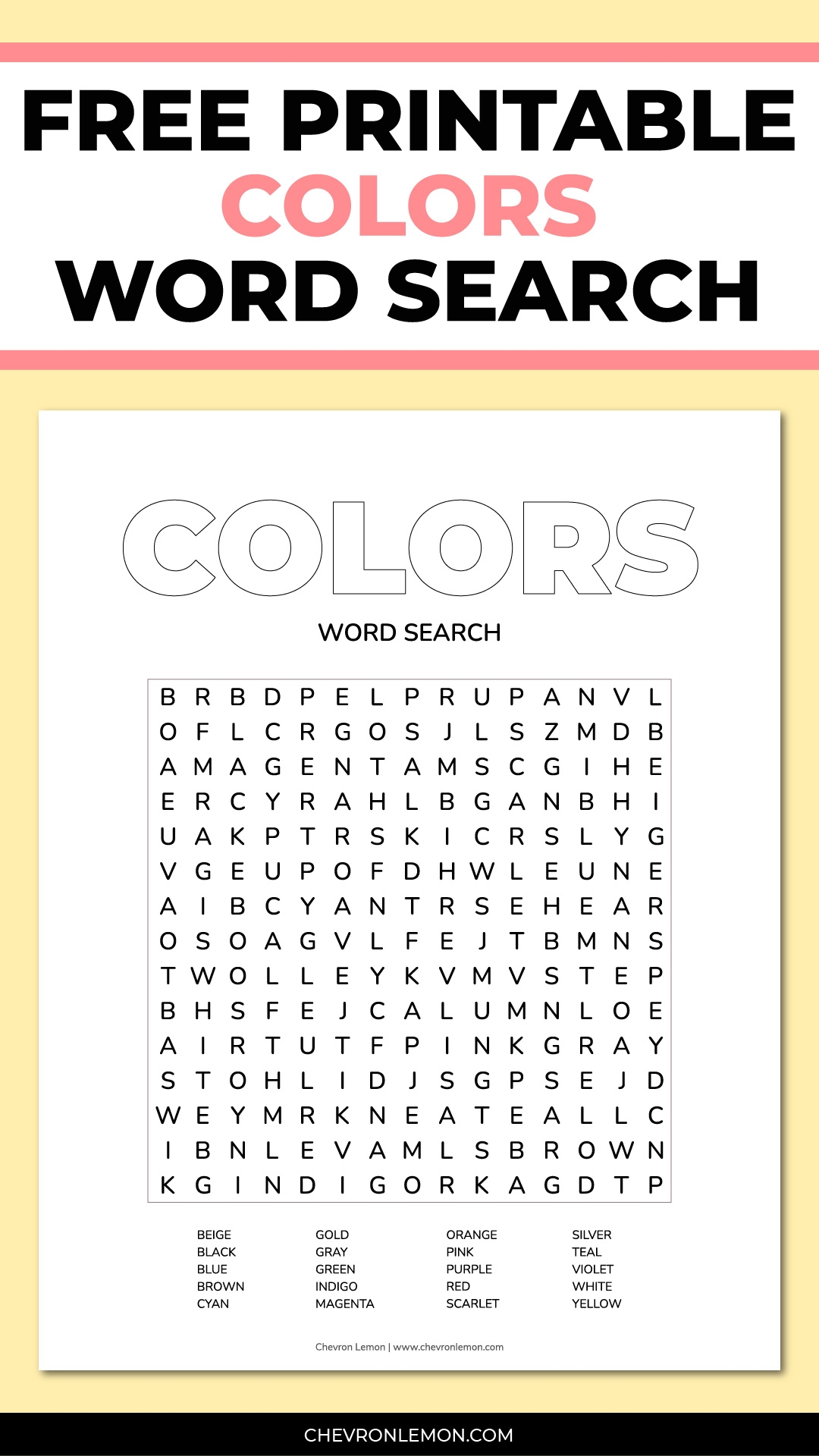 Printable Colors Word Search Chevron Lemon