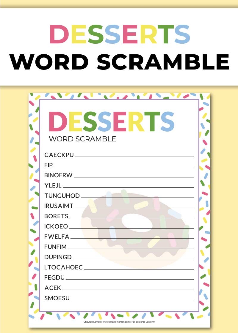 Printable Desserts Word Scramble Chevron Lemon