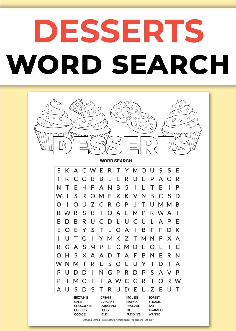 Printable Desserts Word Search Chevron Lemon