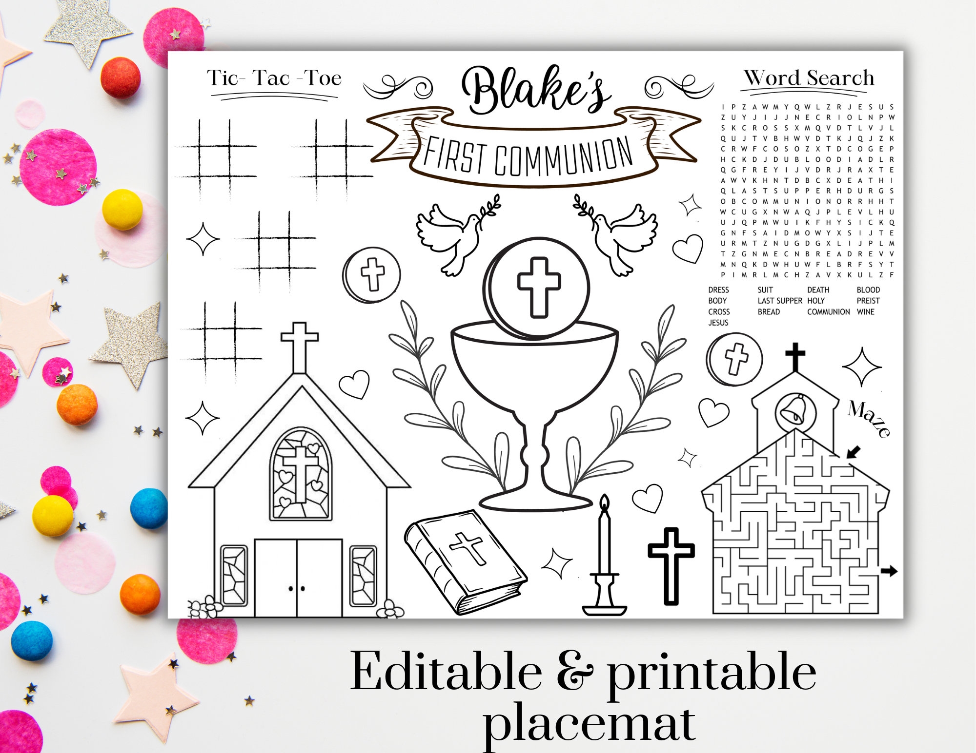 PRINTABLE First Communion Coloring Placemat Digital File PRINTABLE First Communion Coloring Placemat Digital File