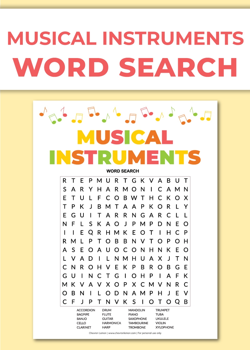 Printable Musical Instruments Word Search Chevron Lemon