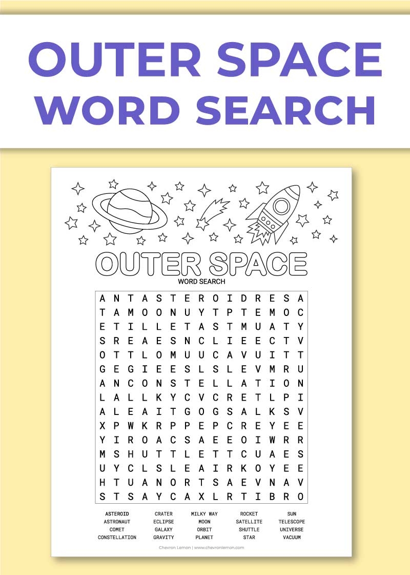 Printable Outer Space Word Search Puzzle Chevron Lemon