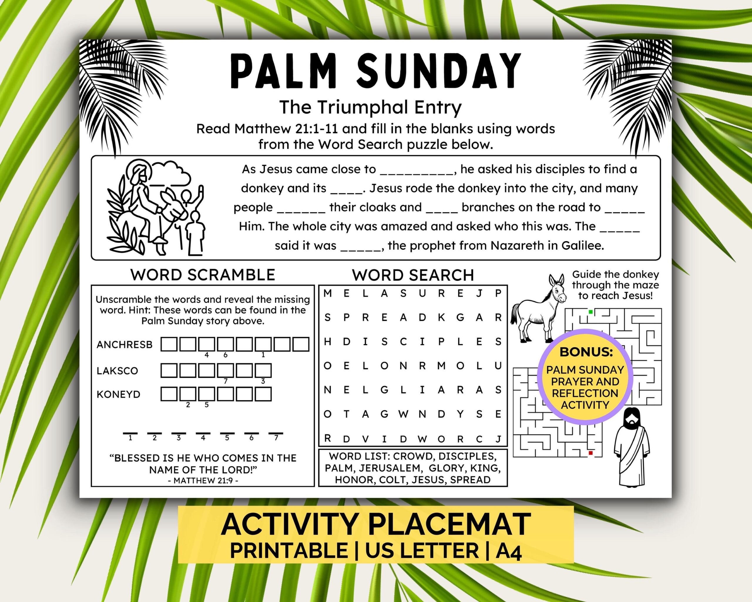 Printable Palm Sunday Activity Placemat For Kids Triumphal Entry Bible Verse Palm Sunday Reflection Hosanna In The Highest Activity Sheet Etsy