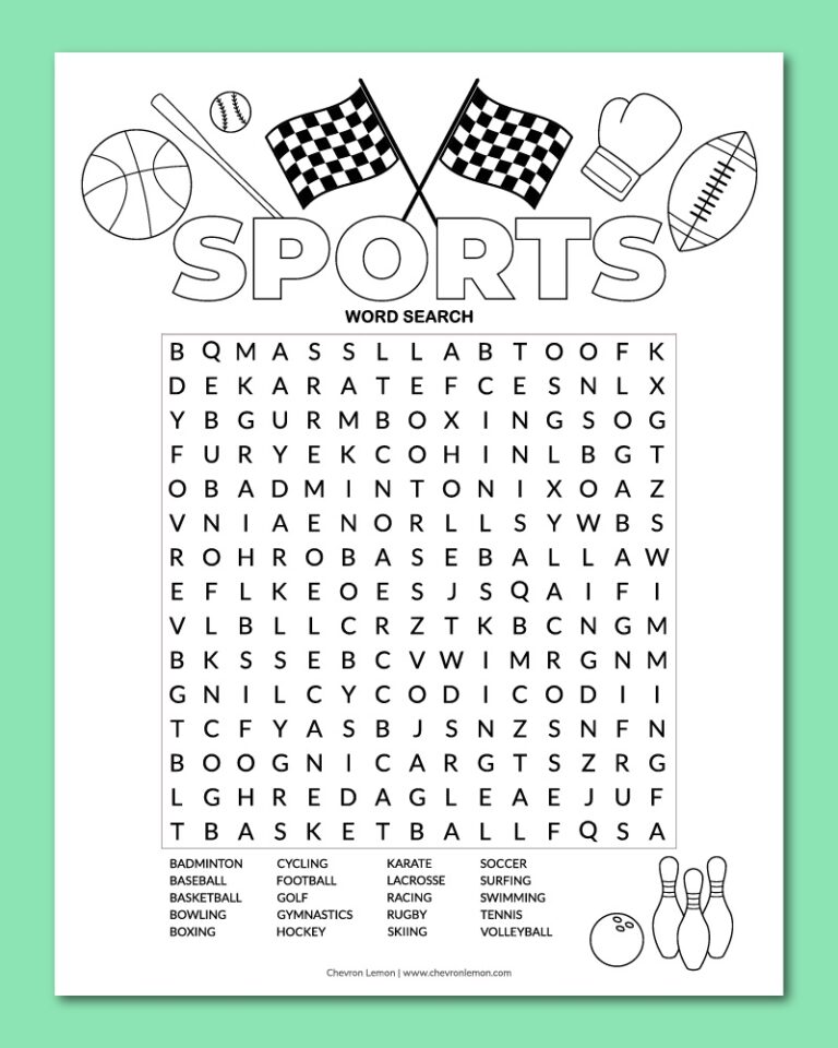 Printable Sports Word Search Puzzle Chevron Lemon
