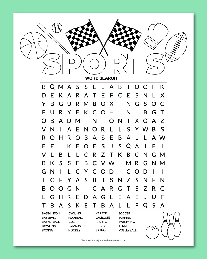 Printable Sports Word Search Puzzle Chevron Lemon