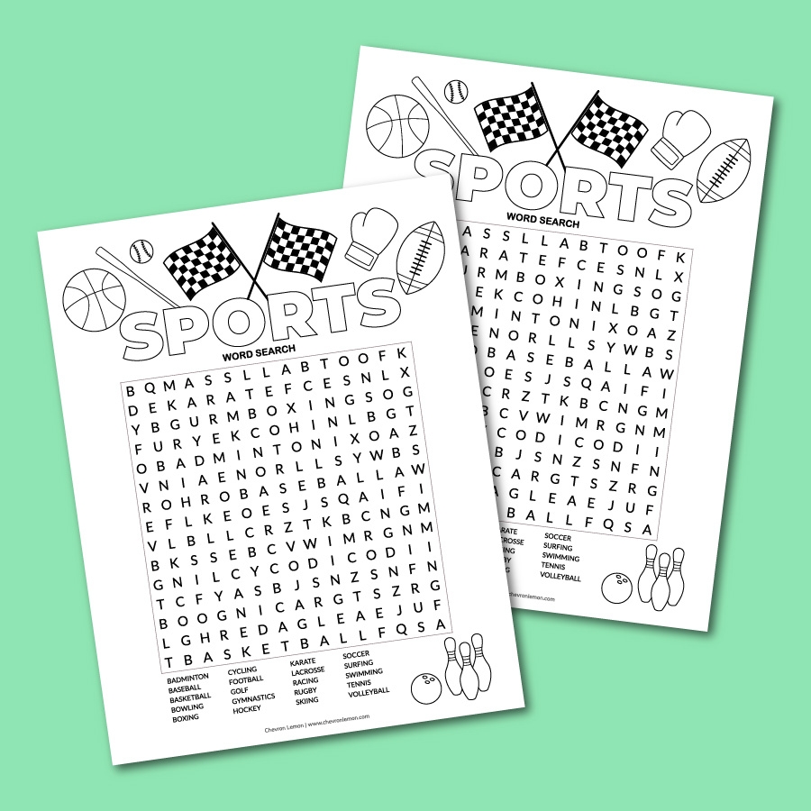 Printable Sports Word Search Puzzle Chevron Lemon