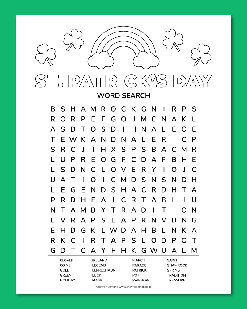 Printable St Patrick s Day Word Search Chevron Lemon Printable St Patrick s Day Word Search Chevron Lemon