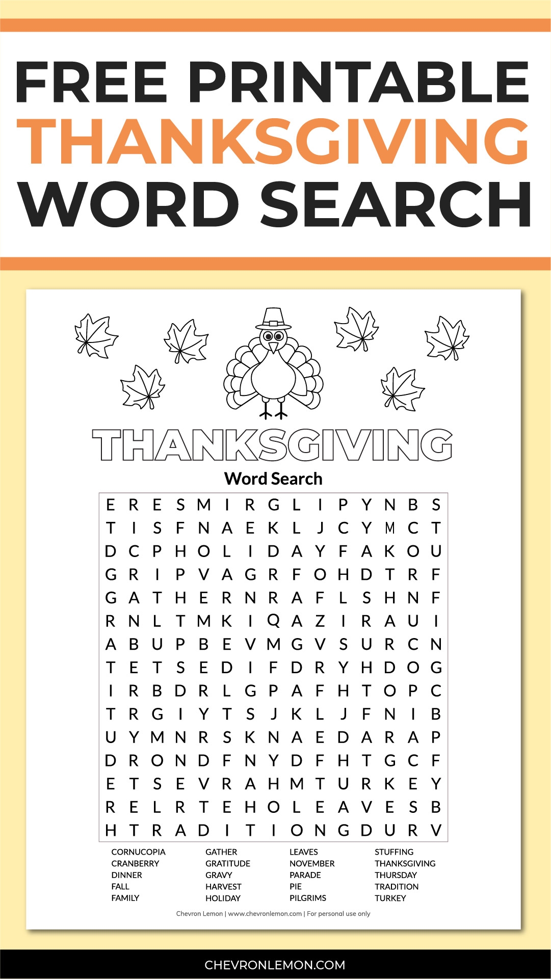Printable Thanksgiving Word Search Chevron Lemon