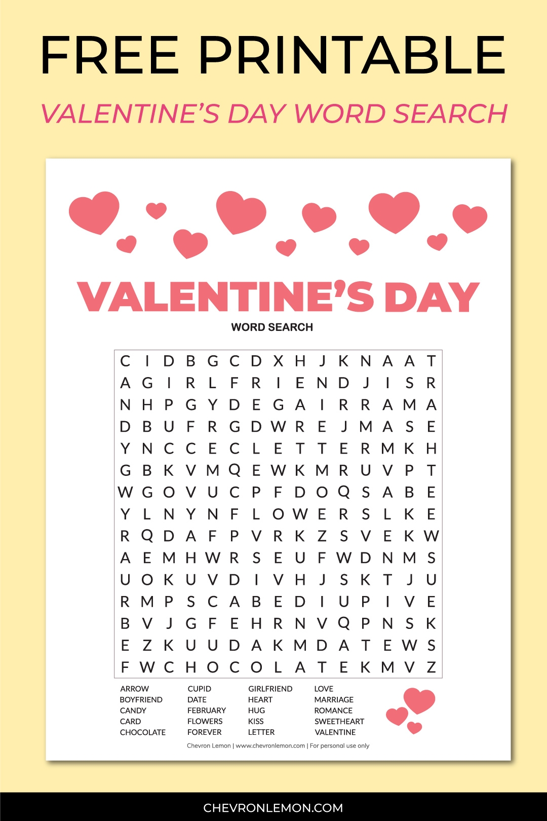 Printable Valentine s Day Word Search Chevron Lemon