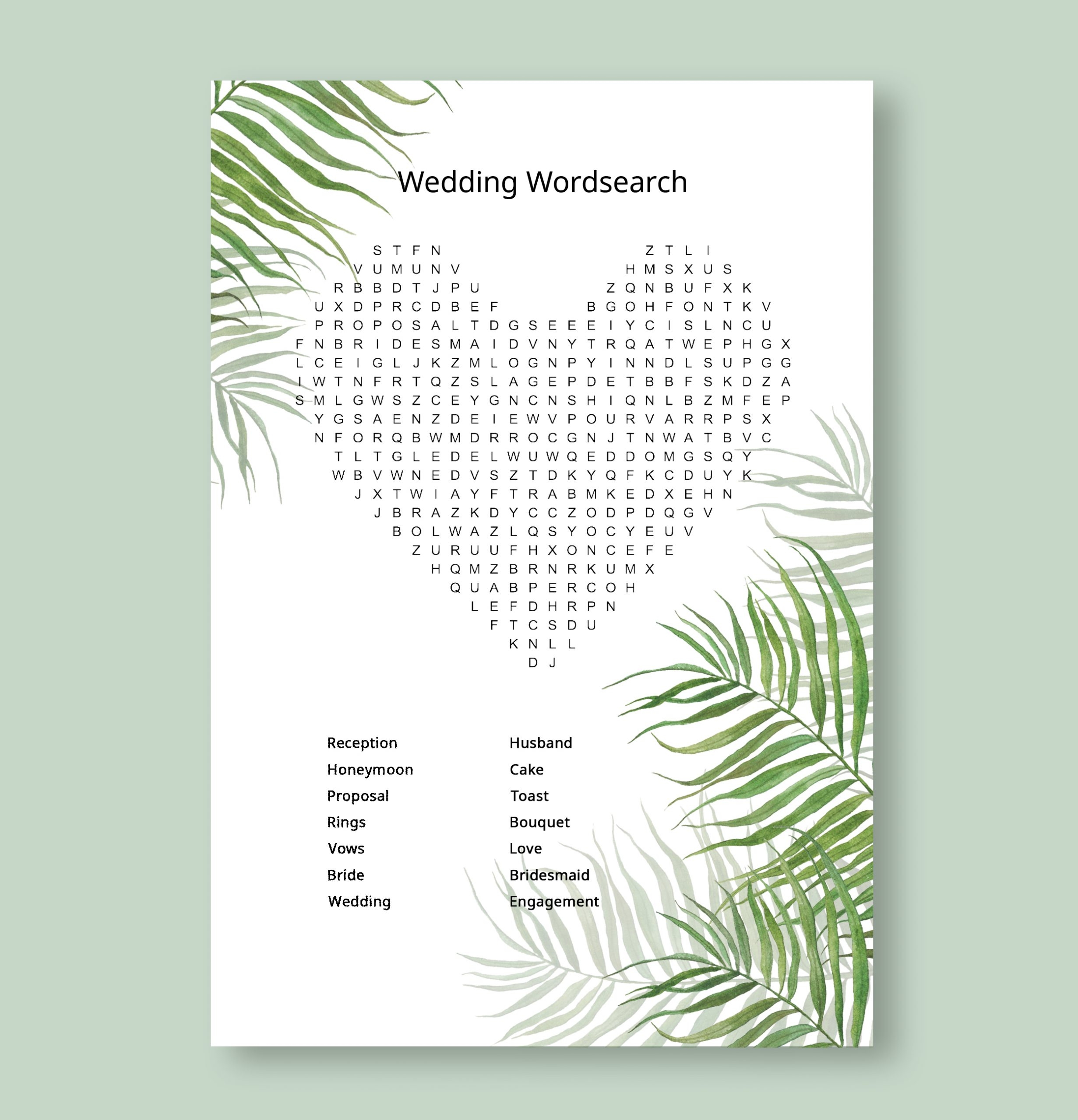 Printable Wedding Word Search Game heart Shape 