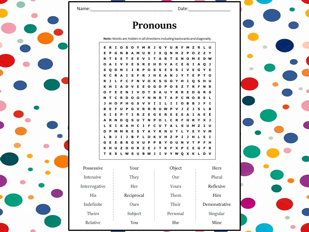 Pronouns Word Search Puzzle Worksheet Activity Teaching Resources