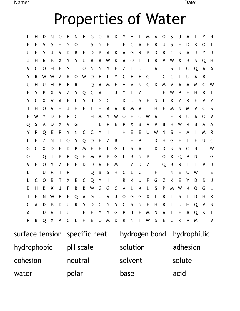 Properties Of Water Word Search WordMint