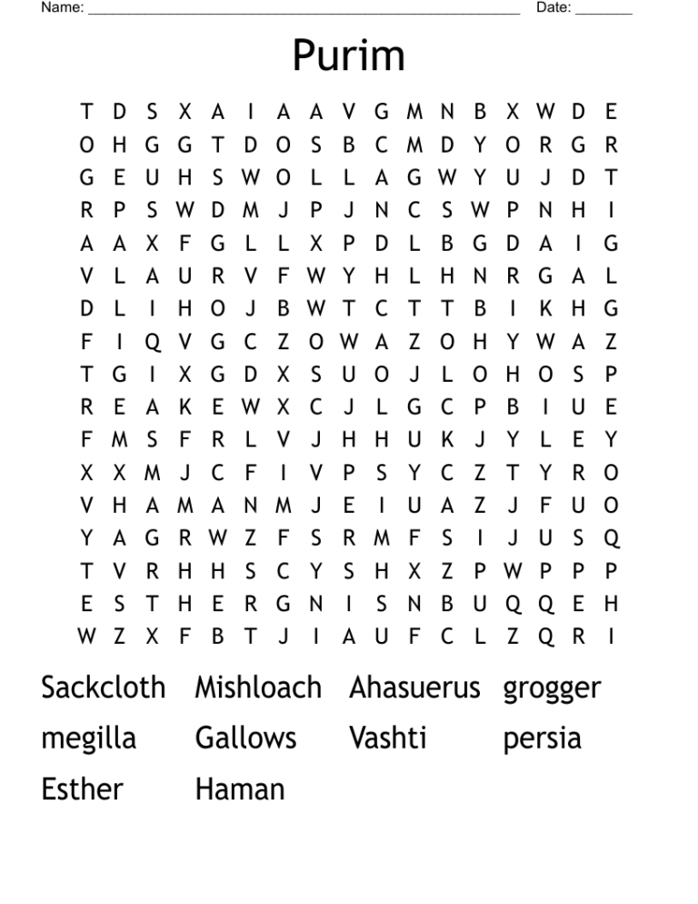 Purim Word Search WordMint