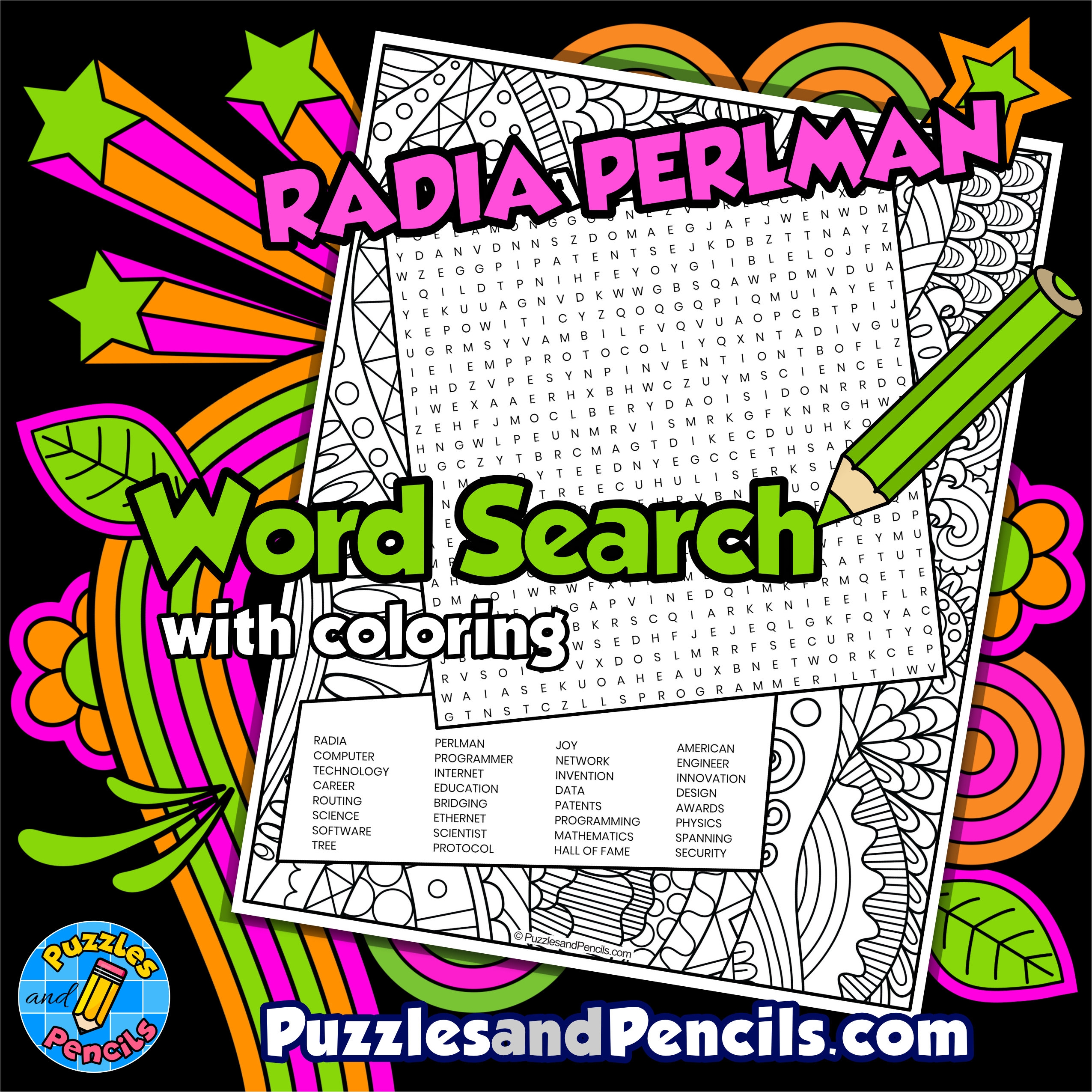 Radia Perlman Word Search Puzzle Activity Page With Coloring Women In STEM Wordsearch