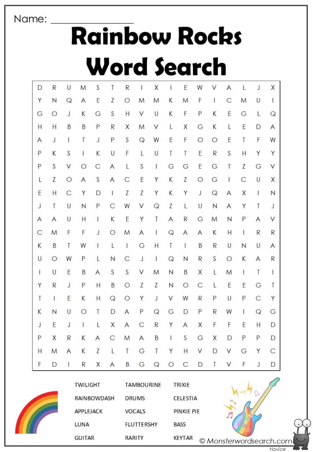Rainbow Rocks Word Search Monster Word Search
