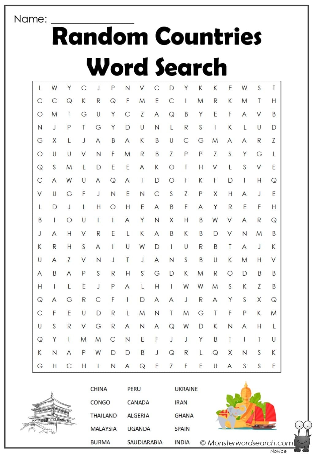 Random Countries Word Search Monster Word Search