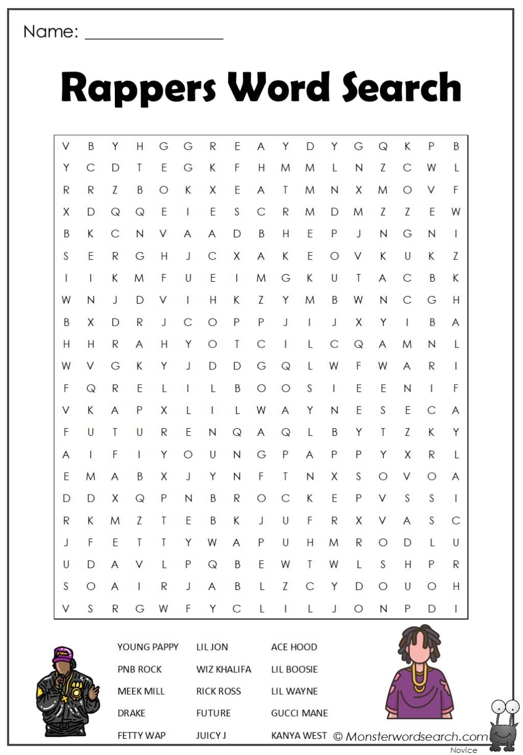 Rappers Word Search Monster Word Search