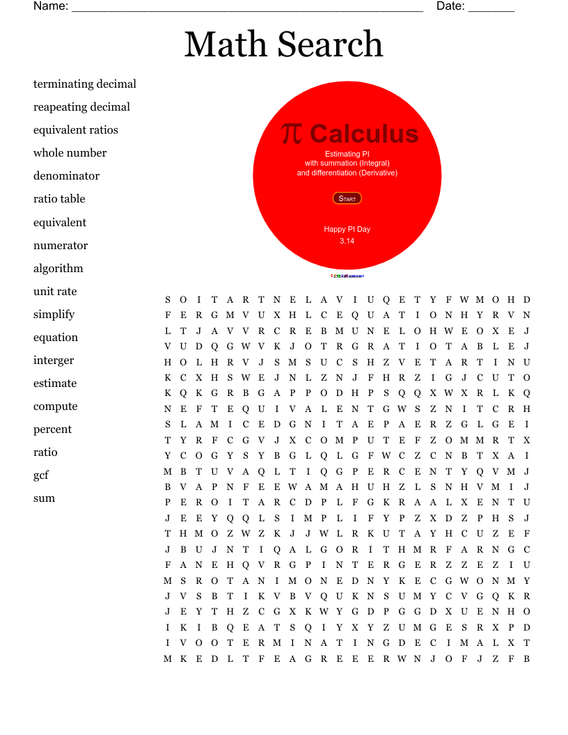 Rates And Ratios Word Search WordMint