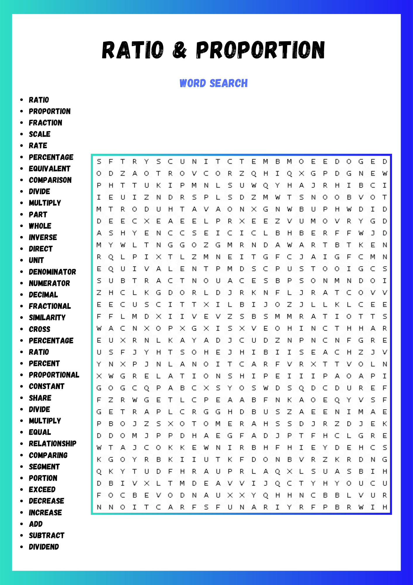 RATIO U0026 PROPORTION WORD SEARCH PUZZLE WORKSHEET ACTIVITY Made By 