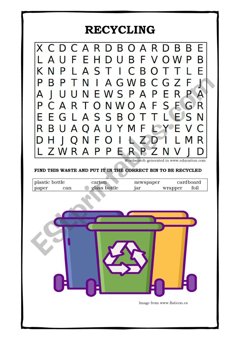 RECYCLING WORDSEARCH ESL Worksheet By Alixperez