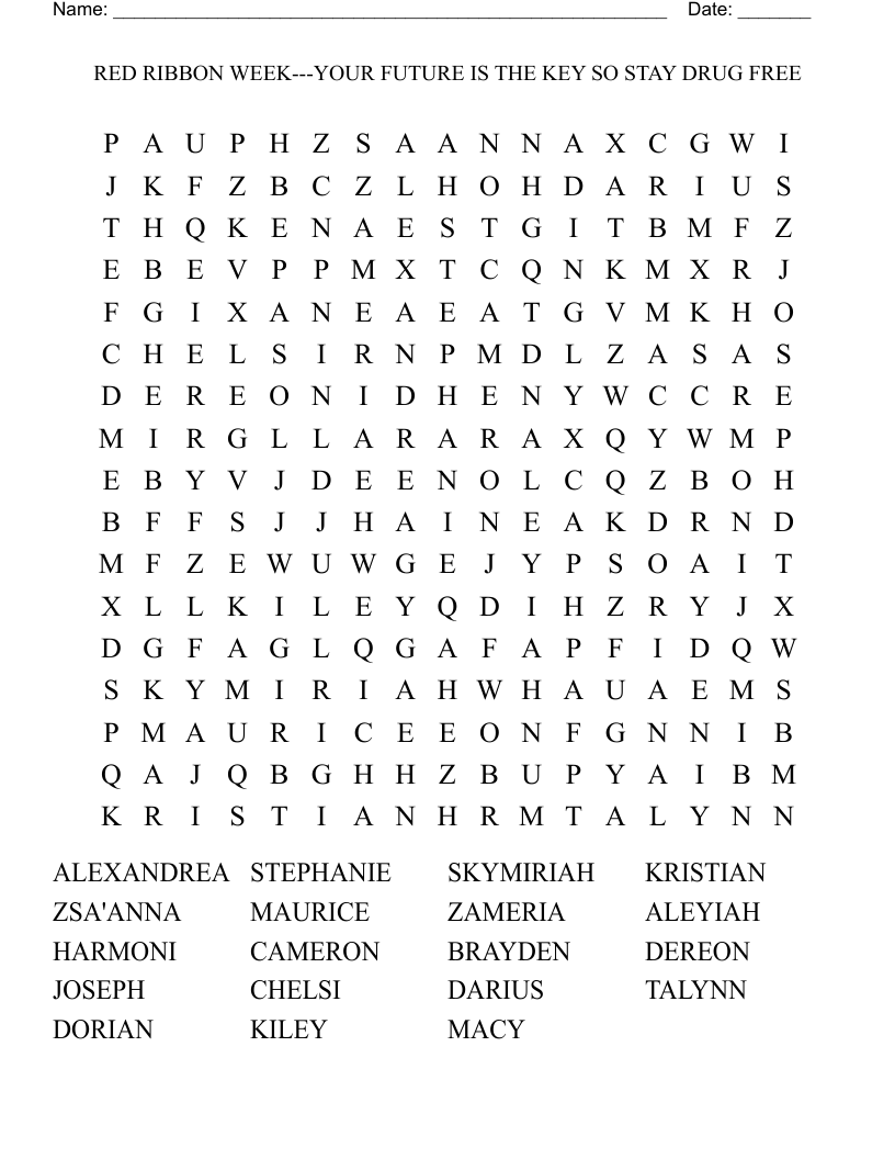RED RIBBON WEEK YOUR FUTURE IS THE KEY SO STAY DRUG FREE Word Search WordMint