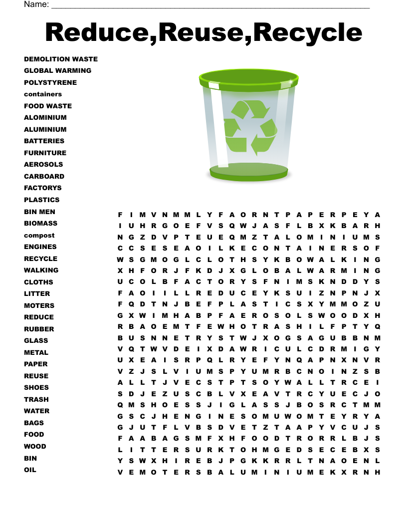 Reduce Reuse Recycle Word Search WordMint