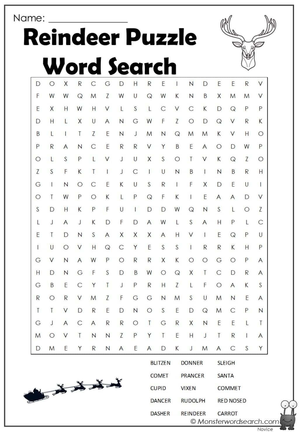 Reindeer Puzzle Word Search Monster Word Search