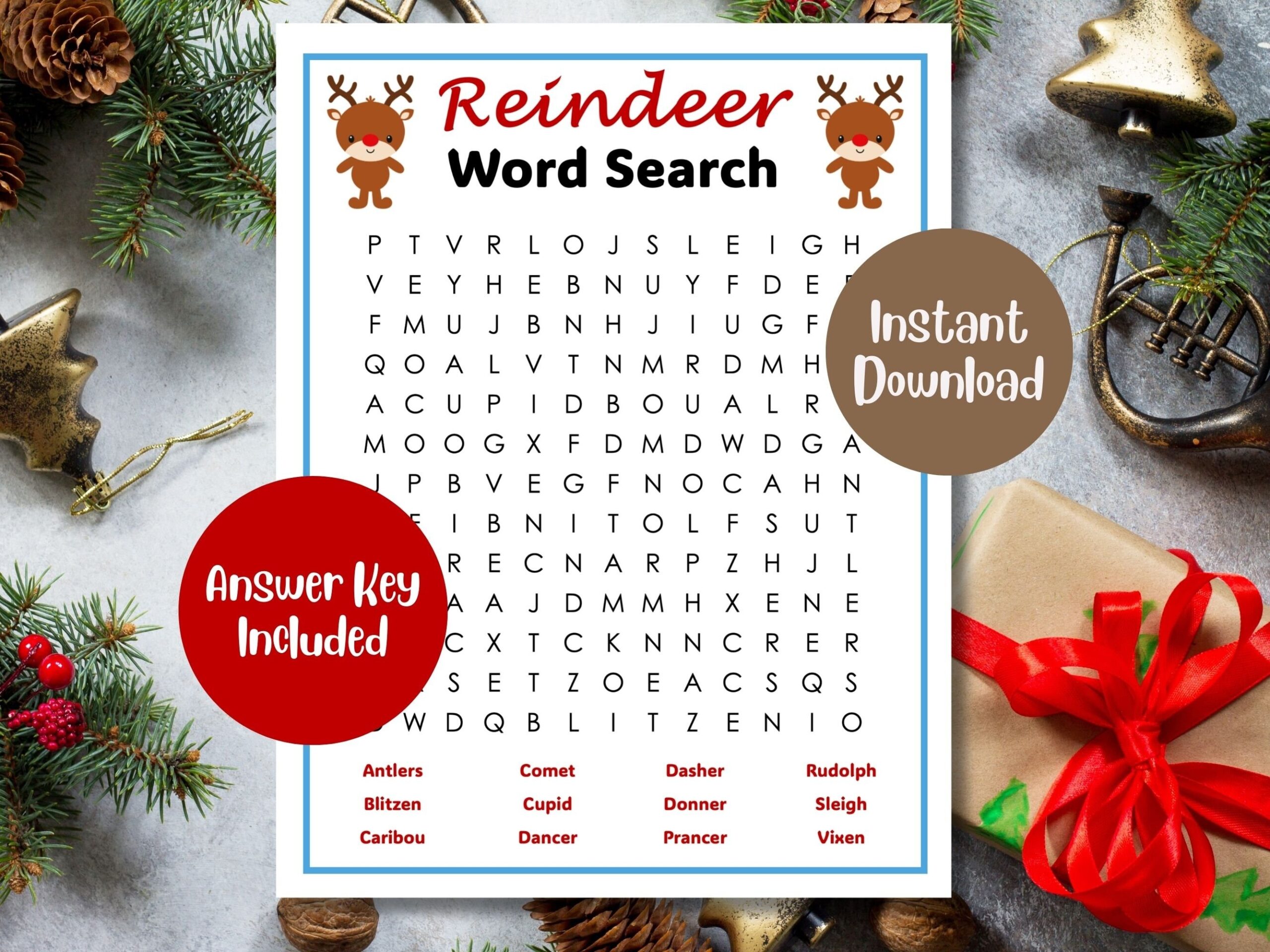 Reindeer Word Search Christmas Word Search Etsy