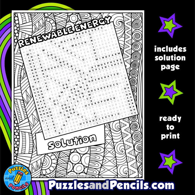 Renewable Energy Word Search Puzzle With Coloring Environmental Issues Wordsearch Made By Teachers