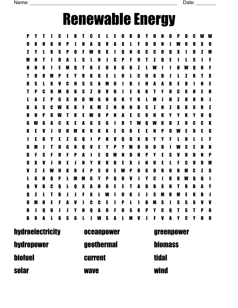 Renewable Energy Word Search WordMint
