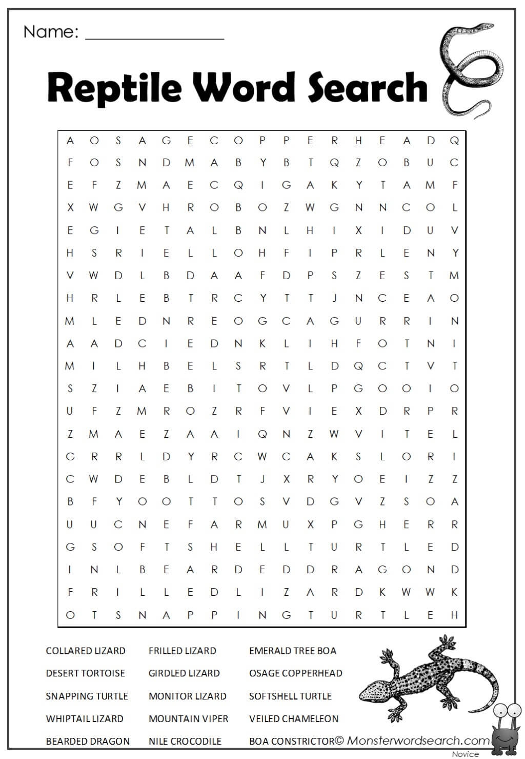 Reptile Word Search Monster Word Search