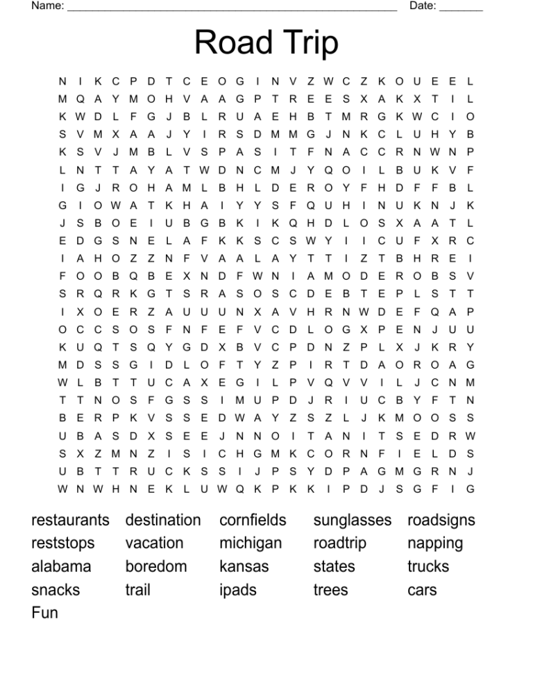 Road Trip Word Search WordMint