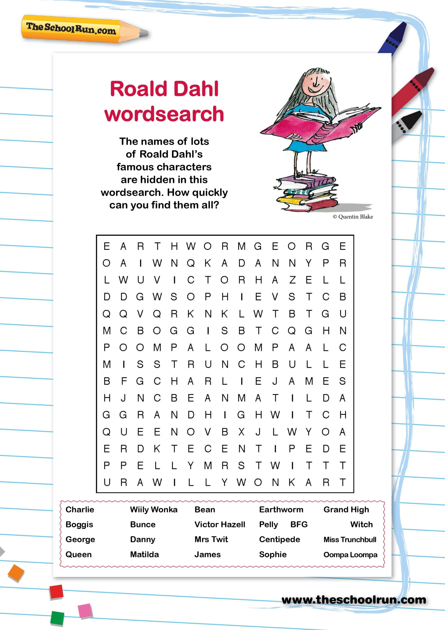 Roald Dahl Activity Roald Dahl Day Primary School Wordsearch