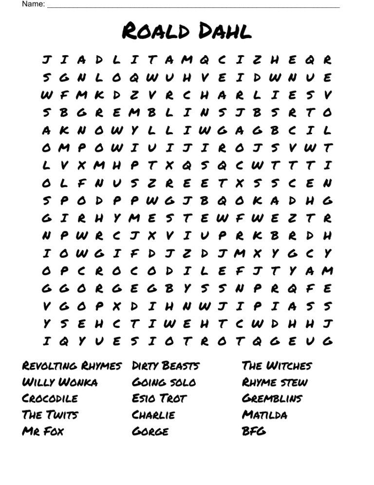 Roald Dahl Search Word Search WordMint