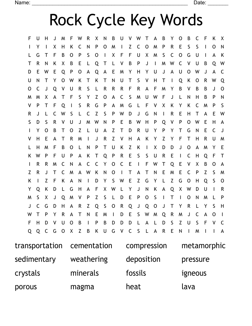 Rocks And Minerals Printable Word Search