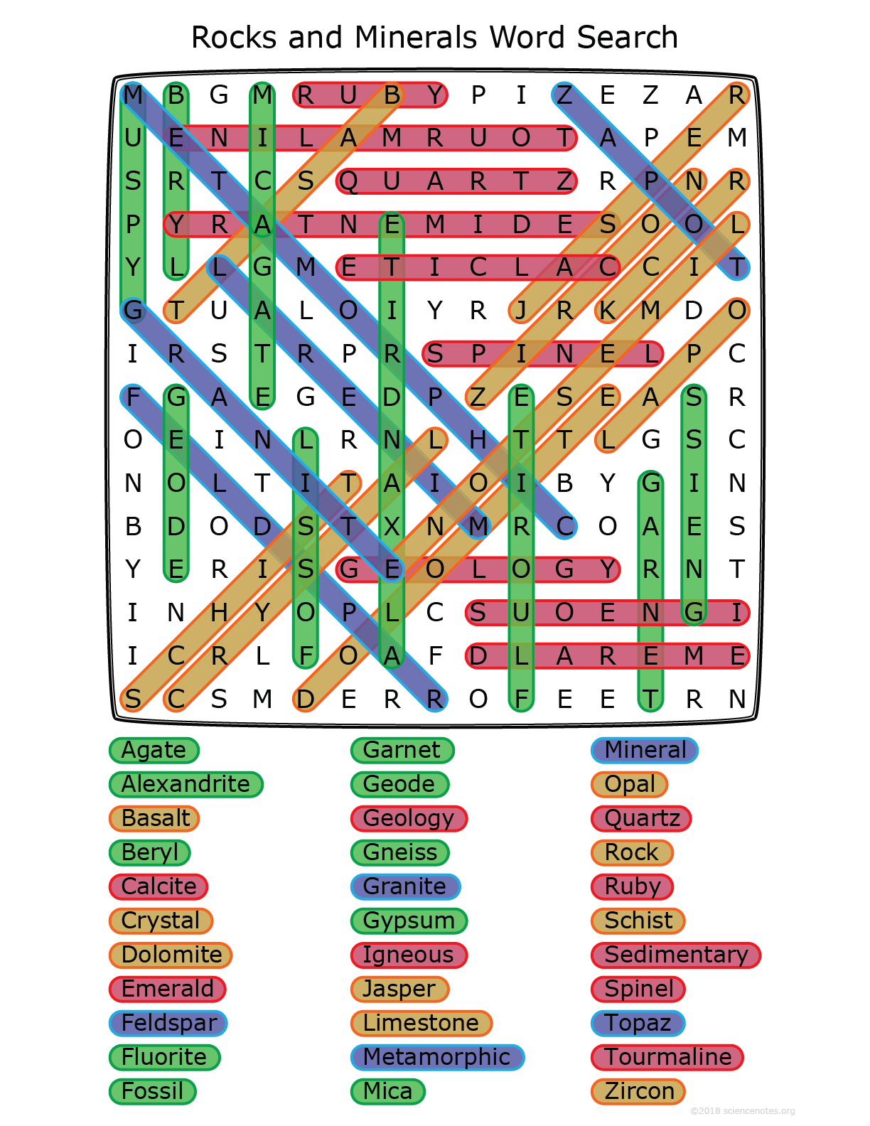 Rocks And Minerals Word Search