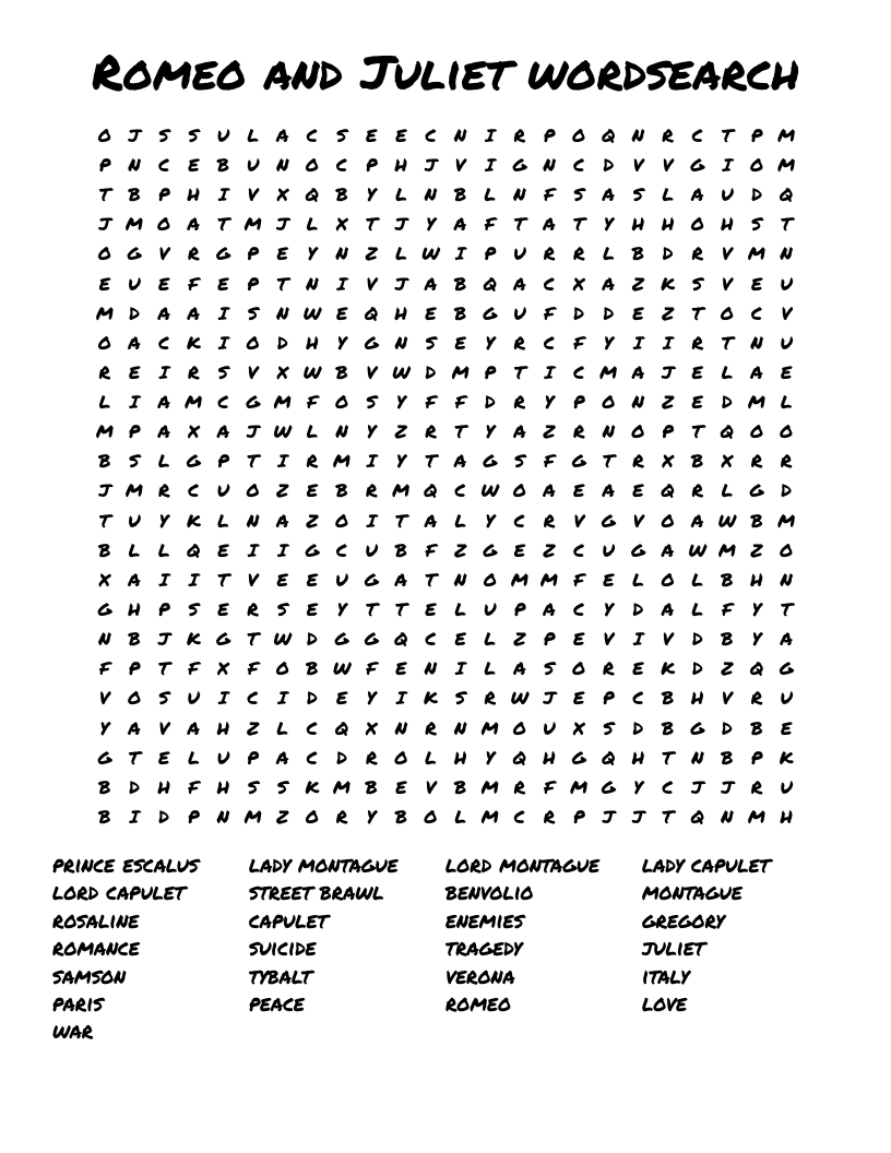 Romeo And Juliet Printable Word Search