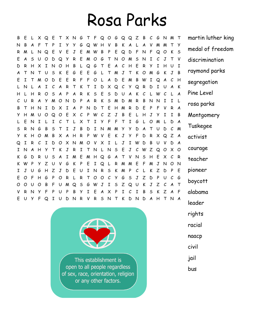 Rosa Parks Word Search WordMint