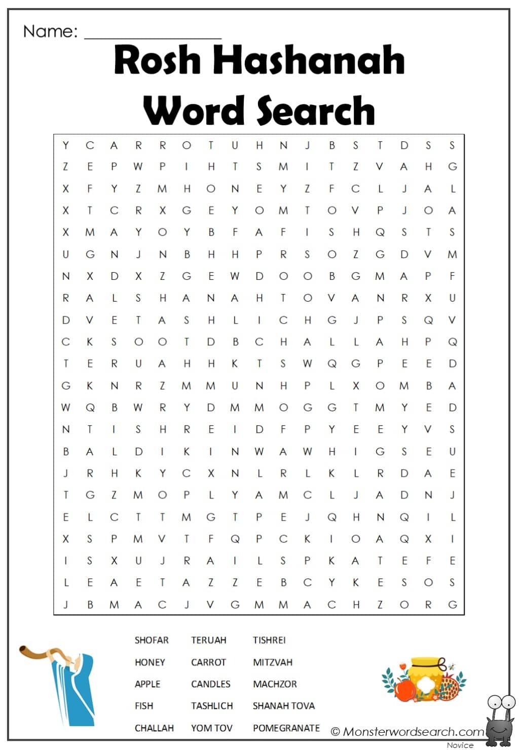 Rosh Hashanah Word Search Monster Word Search