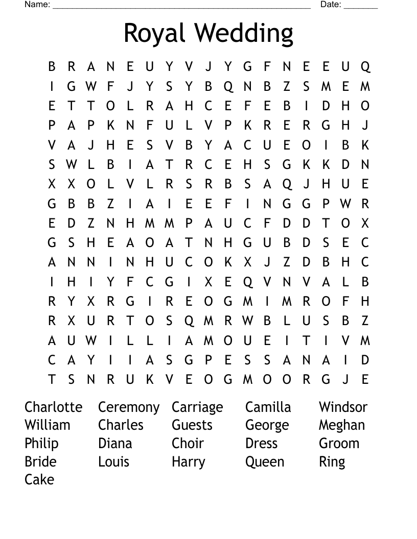 Royal Wedding Word Search Free Printable