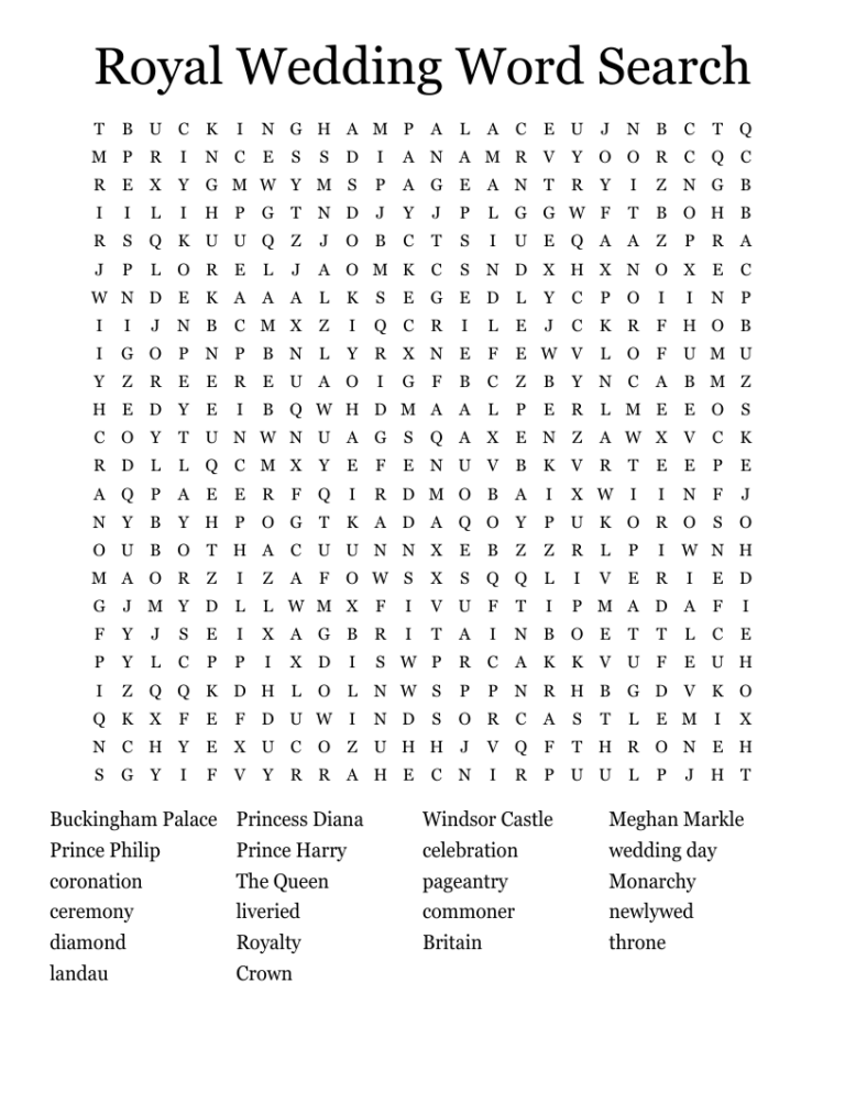 Royal Wedding Word Search WordMint