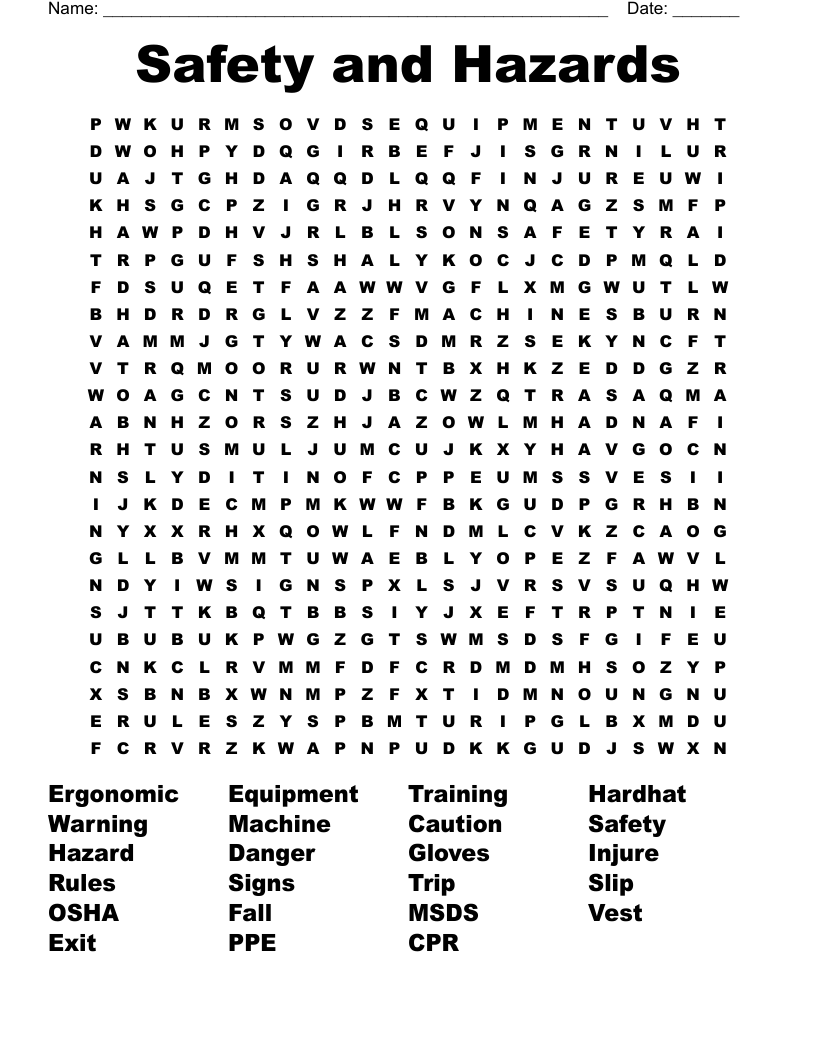 Safety And Hazards Word Search WordMint Safety And Hazards Word Search WordMint