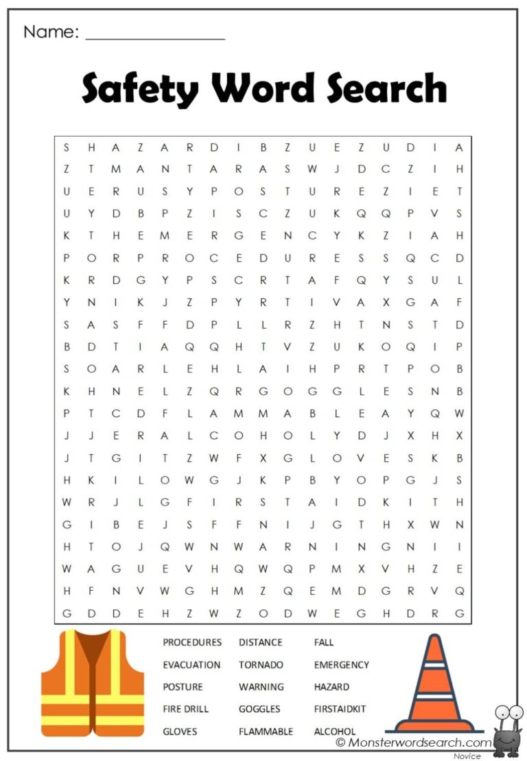Safety Word Search Monster Word Search