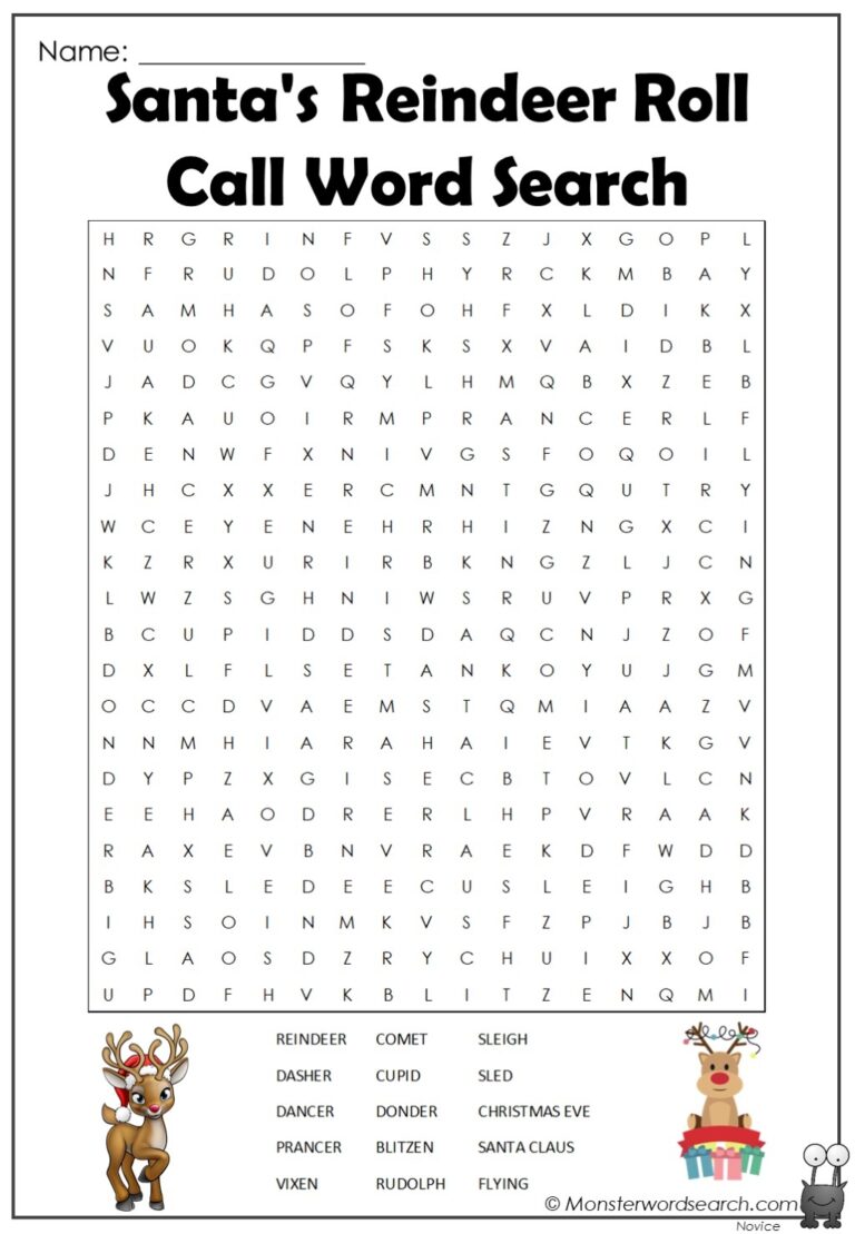 Santa s Reindeer Roll Call Word Search Monster Word Search