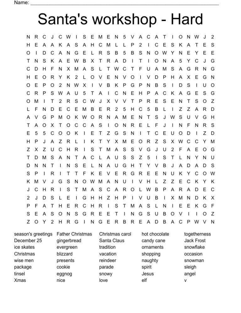 Santa s Workshop Hard Word Search WordMint