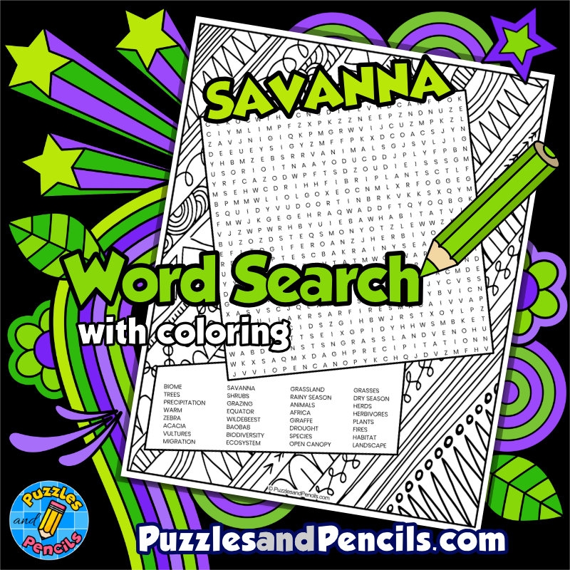 Savanna Word Search Puzzle With Coloring Biome Wordsearch Made By Teachers