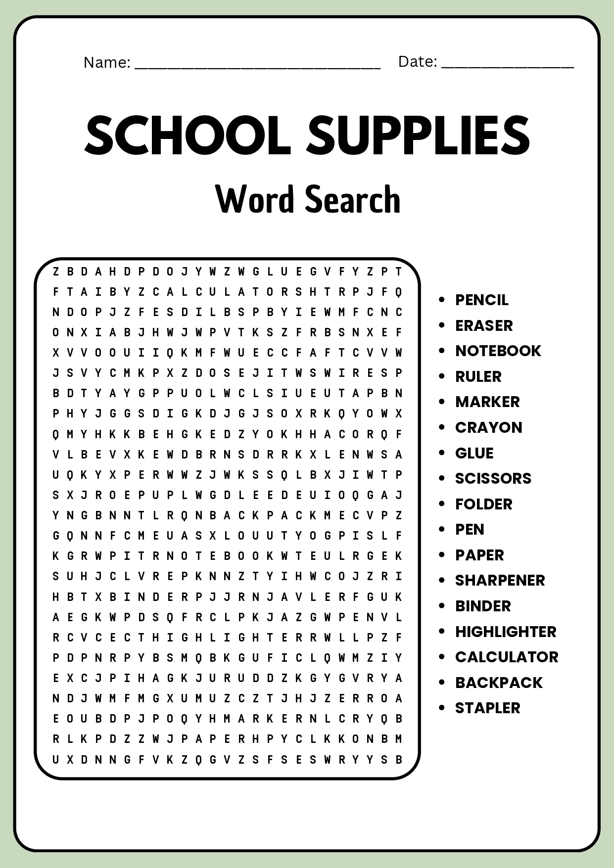 School Supplies No Prep Word Search Worksheets For Kids Made By Teachers