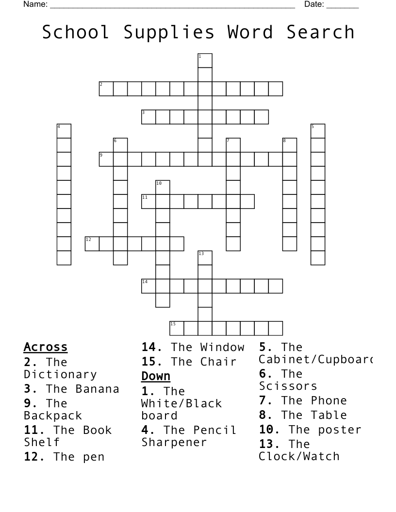 School Supplies Word Search Printable